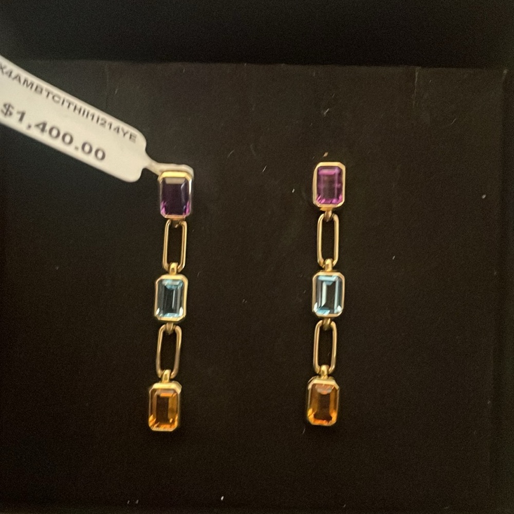 🤩 Multi Gemstone Paperclip Link Drop Earrings in REAL 14K  Gold. 3.62 g tcw